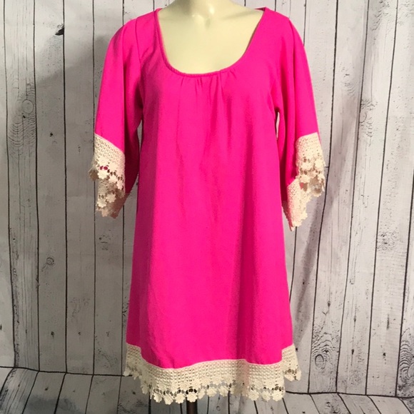 Umgee Tops - "Vintage Umgee USA hot pink tunic top lace crochet accents hem